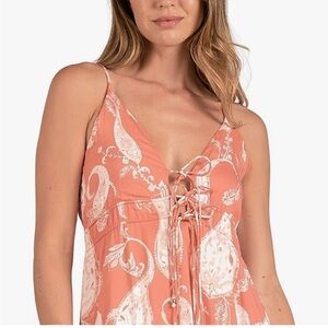 ELAN Coral Rio print Women's Tie Front Tiered Maxi Dress with Spaghetti straps M